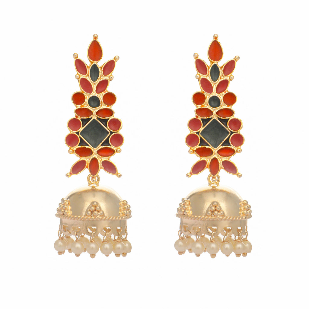 Nuyug 22K Gold-Plated Enamel & Beaded Dome Shaped Jhumka Earrings | Grocsy