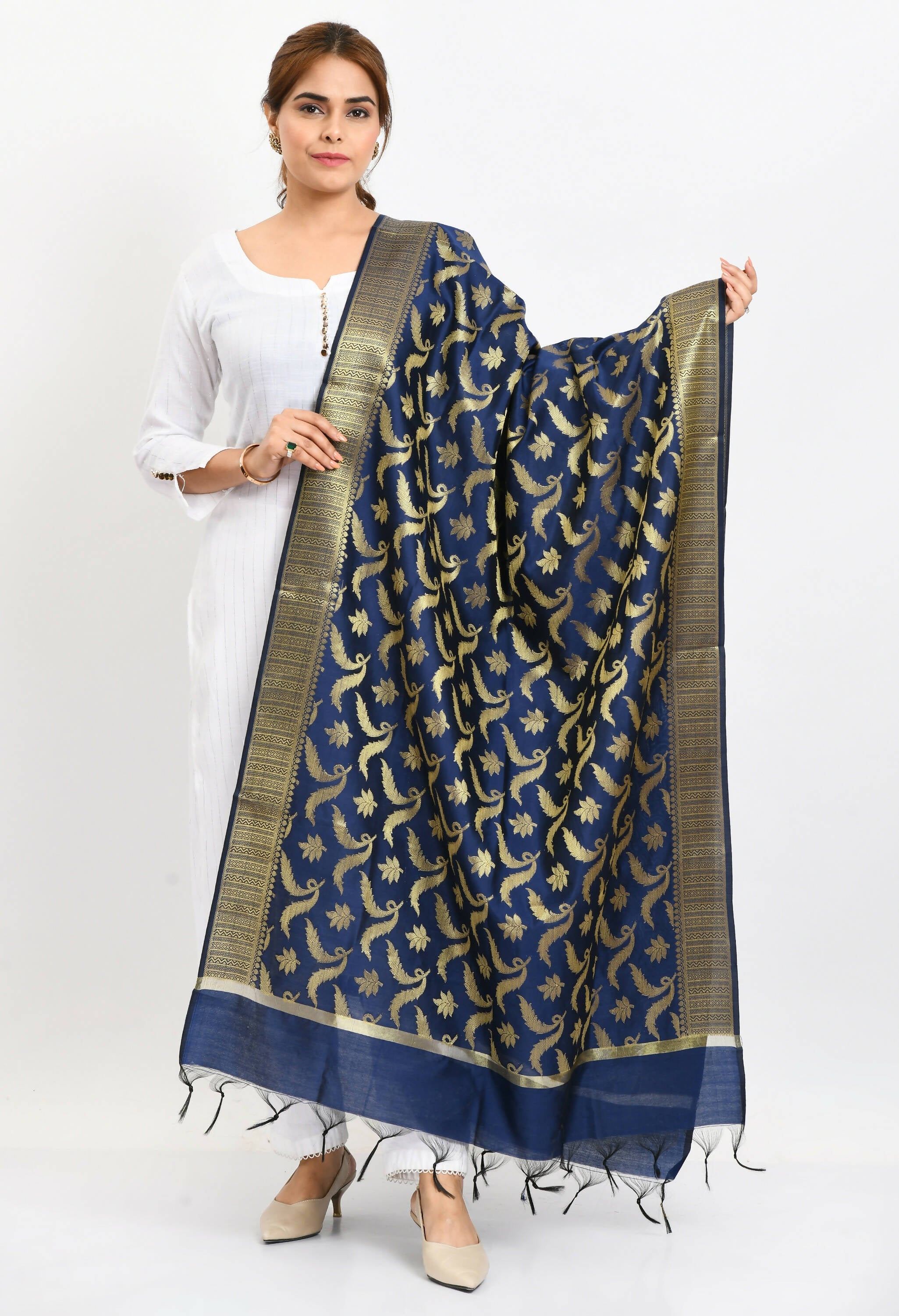 Mominos Fashion Moeza Women's Banarsi Silk Floral Woven Design Navy Blue Dupatta | Grocsy