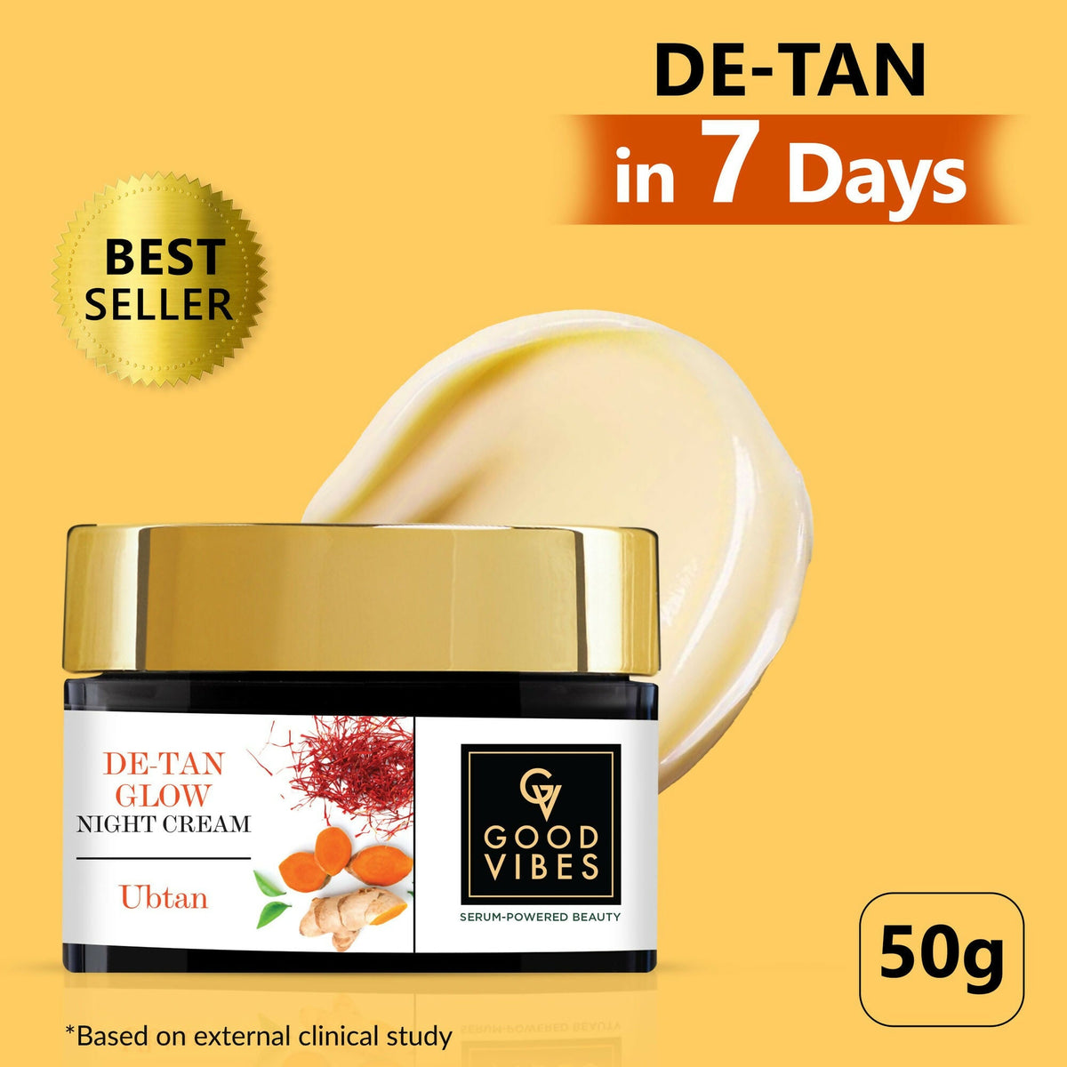 Good Vibes De-Tan Glow Night Cream Ubtan with Power of Serum, Tan free, Brightening, Pigmentation | Grocsy