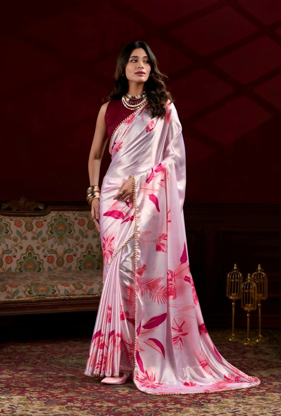 Vastranavya Baby Pink Satin Silk Floral Printed with Pearl Lace Saree with Unstitched Blouse | Grocsy