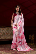 Vastranavya Baby Pink Satin Silk Floral Printed with Pearl Lace Saree with Unstitched Blouse | Grocsy