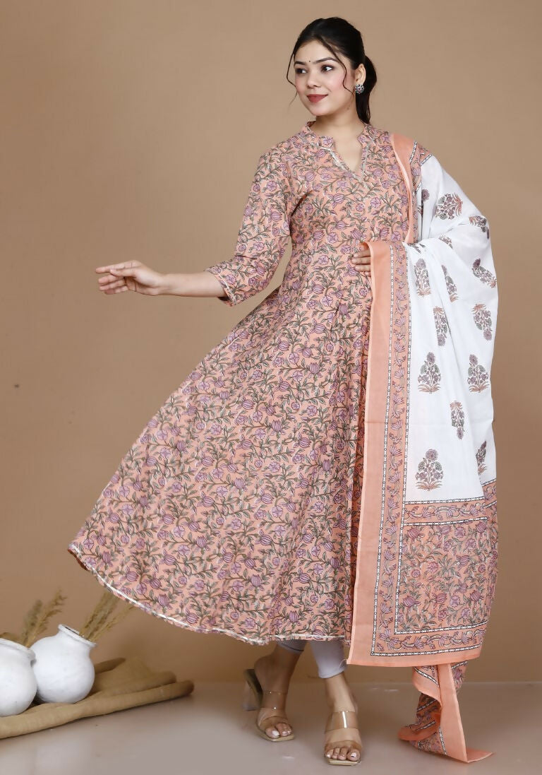 Miravan Women's Surpassing Orange Partywear Floral Printed Anarkali Kurta Dupatta  | Grocsy