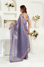 Joban Fashion Lavender Striped Linen Ready To Wear Saree With Unstitched Blouse | Grocsy