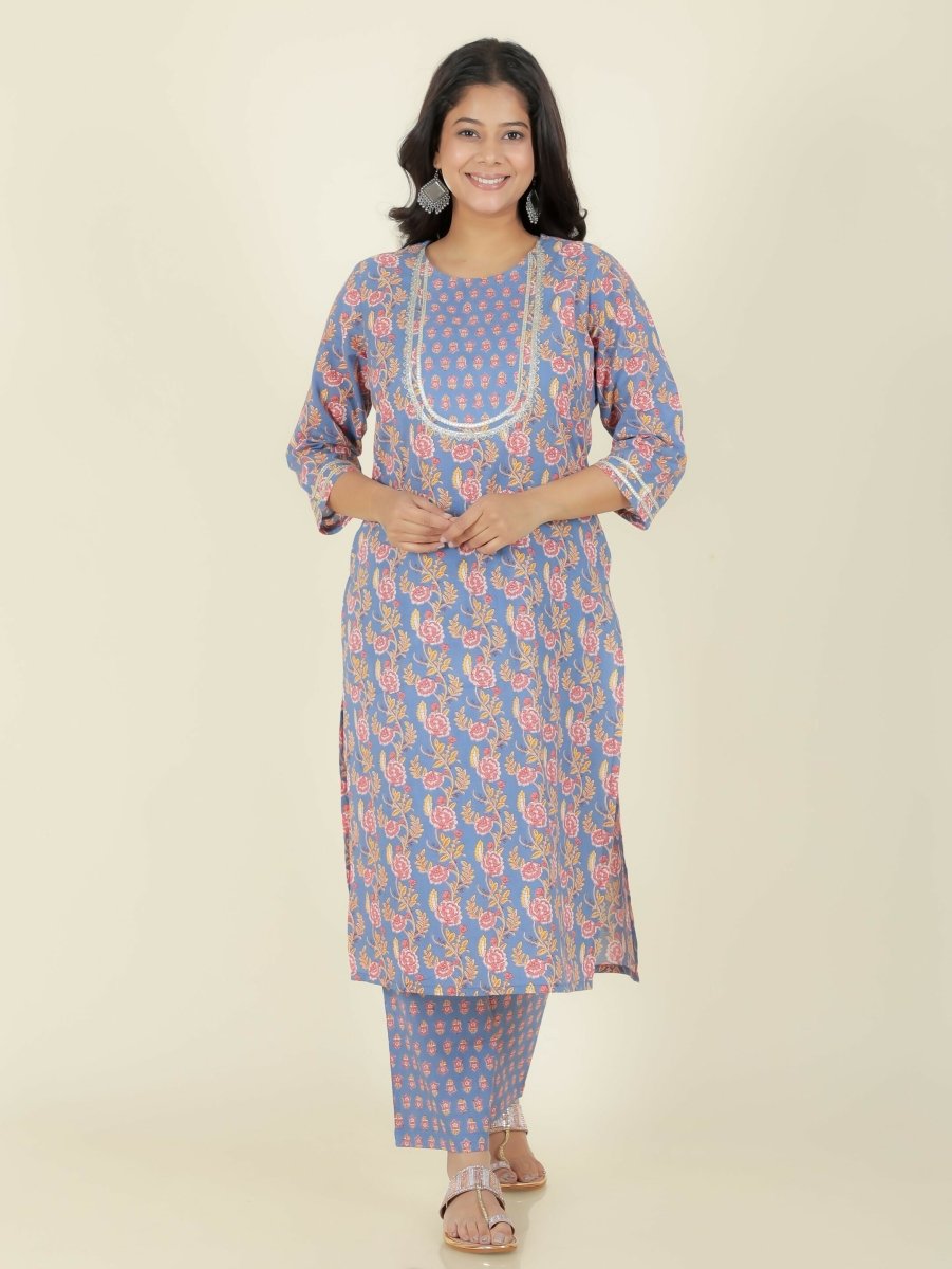 Aramya Straight Soft Cotton Floral Print Women's Kurta - Blue | Grocsy