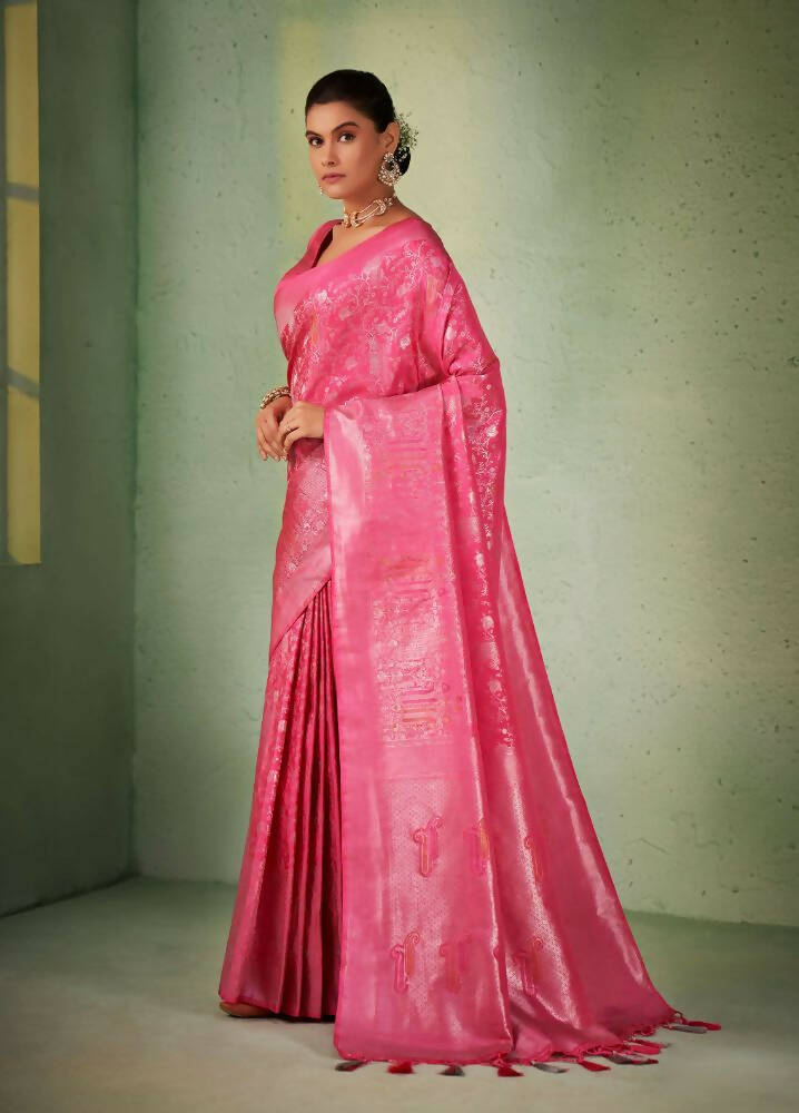 Glorious Designer Pink Color Kanjivaram Silk Saree With Weaving Work - Yomika Fashions | Grocsy