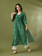 Myshka Women's Green Printed Georgette A-Line Nyra-cut Kurta | Grocsy