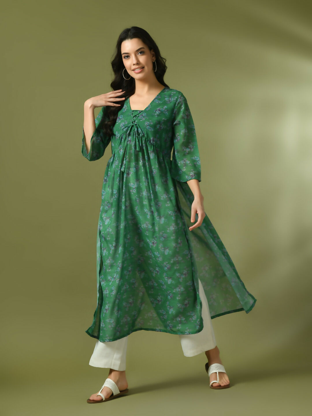 Myshka Women's Green Printed Georgette A-Line Nyra-cut Kurta | Grocsy