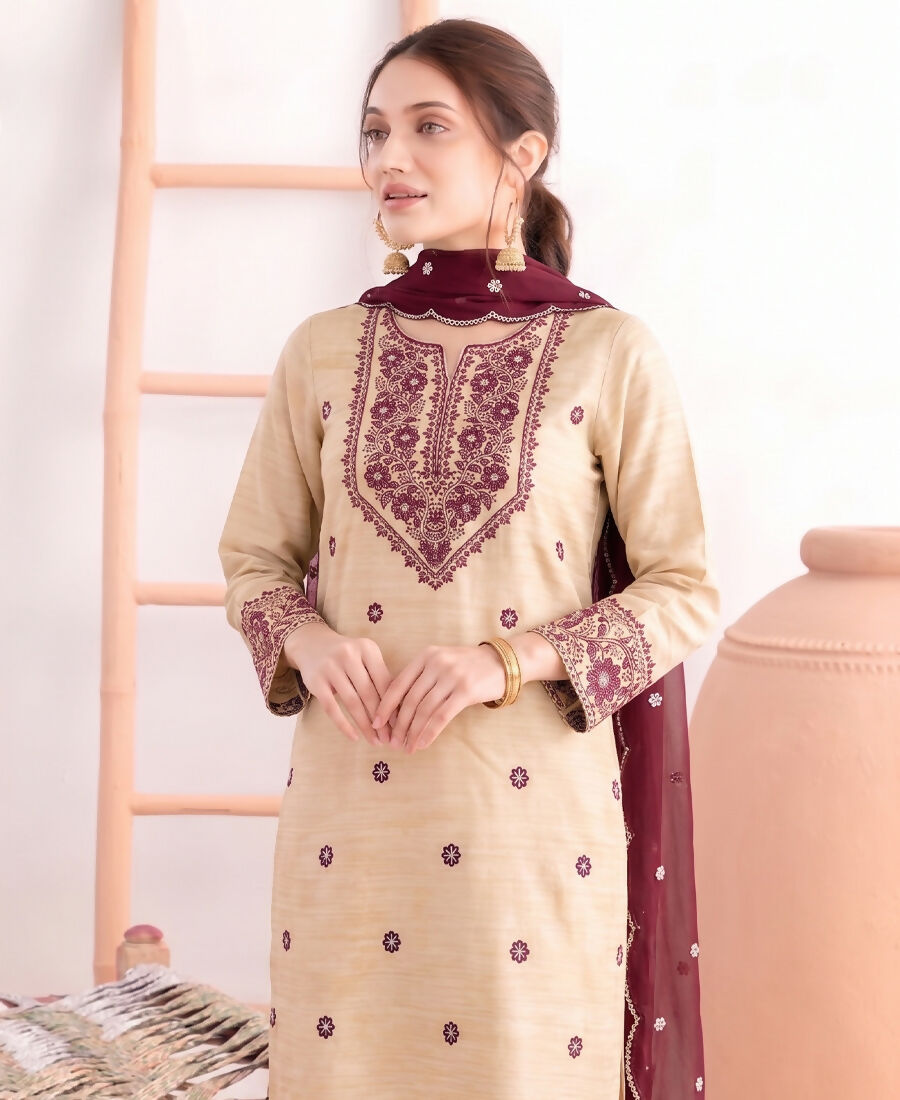 KC Khadi Cotton White Suit With Pink Dupatta 3 Piece Pair For Women | Grocsy