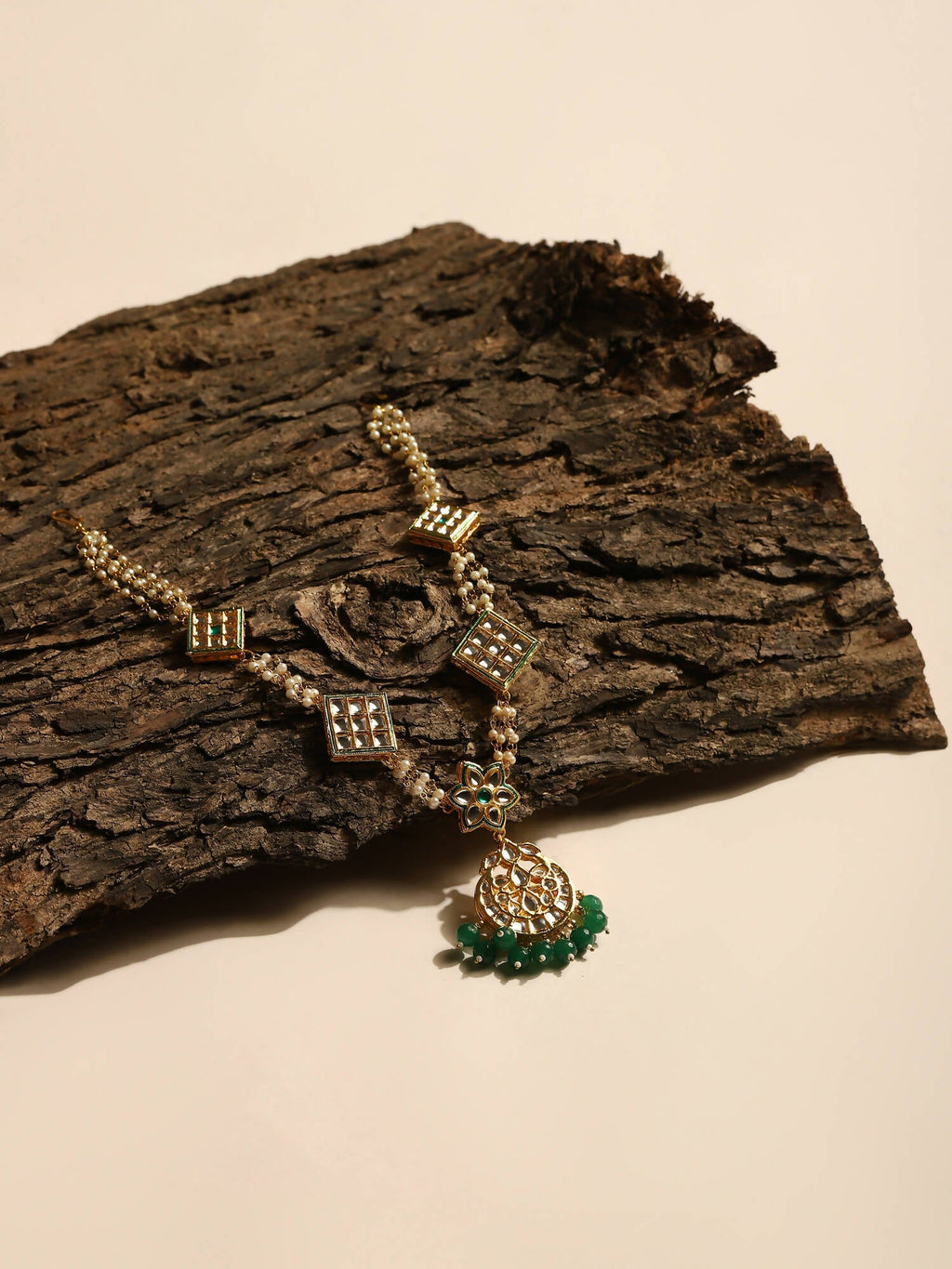 Gold-Polished White Green Kundan-Studded Pearl Beaded Matha Patti - Ruby Raang | Grocsy