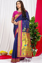 Jyoti Fashion Women's Navy Blue Paithani Silk Zari Woven Saree with Blouse | Grocsy