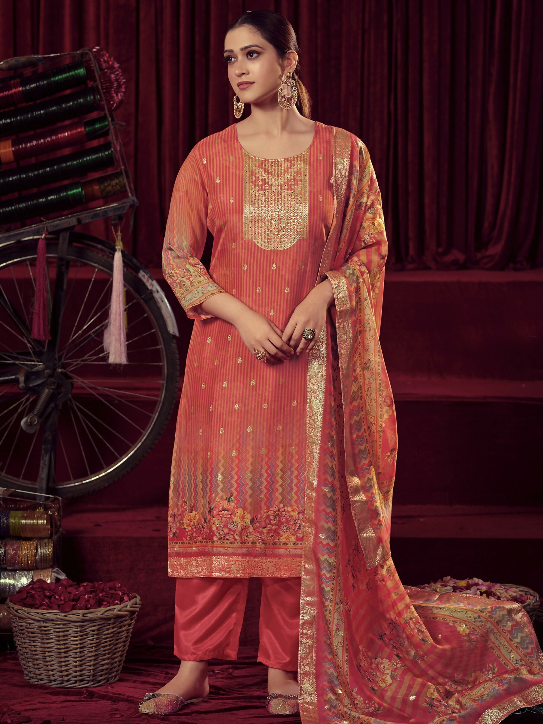 Jyoti Fashion Women's Orange Organza Jacquard Woven Kurta with Trouser & Dupatta | Grocsy