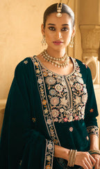 Anaita Dark Green Embroidered Work Velvet Stitched Plazo Suit | Grocsy