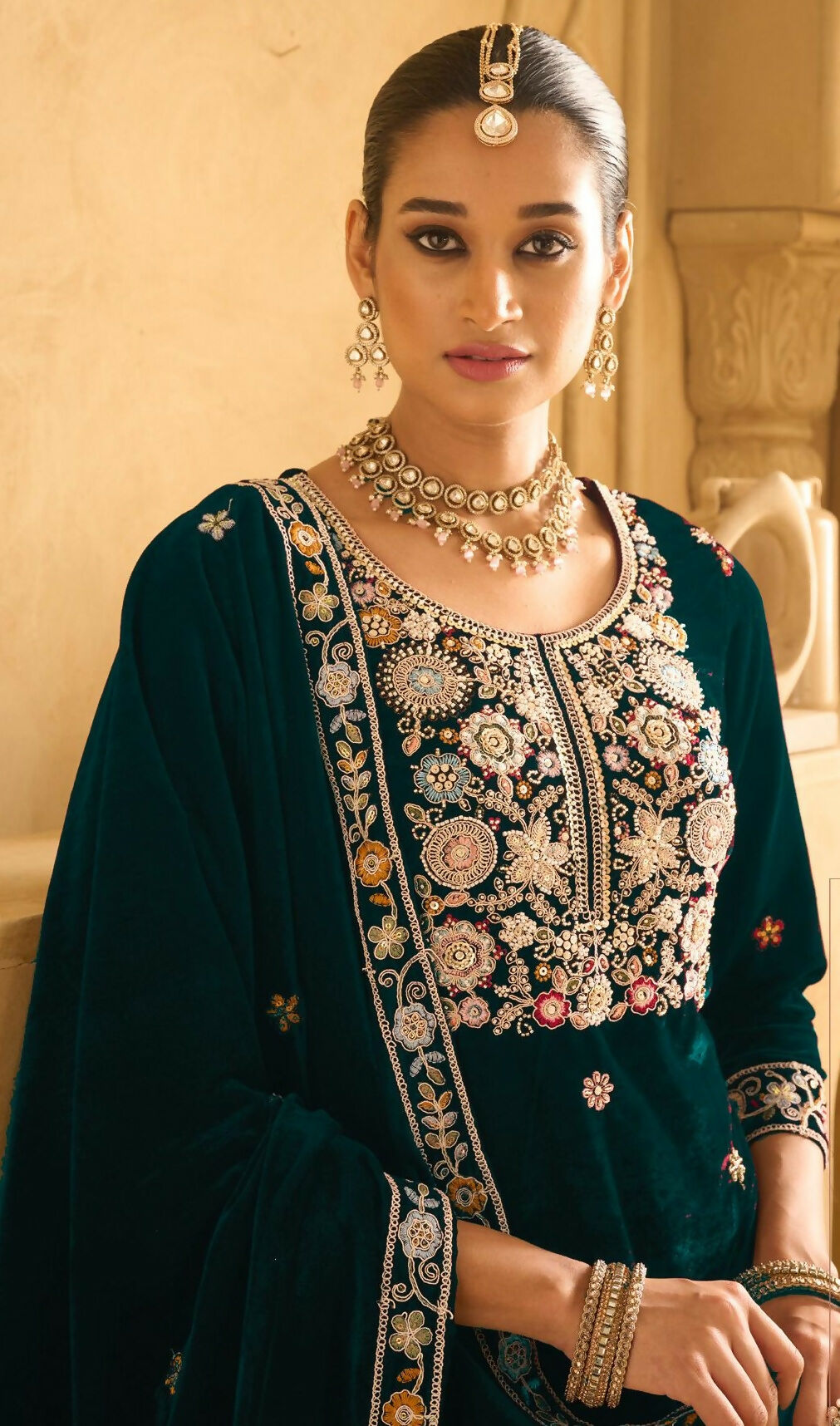 Anaita Dark Green Embroidered Work Velvet Stitched Plazo Suit | Grocsy