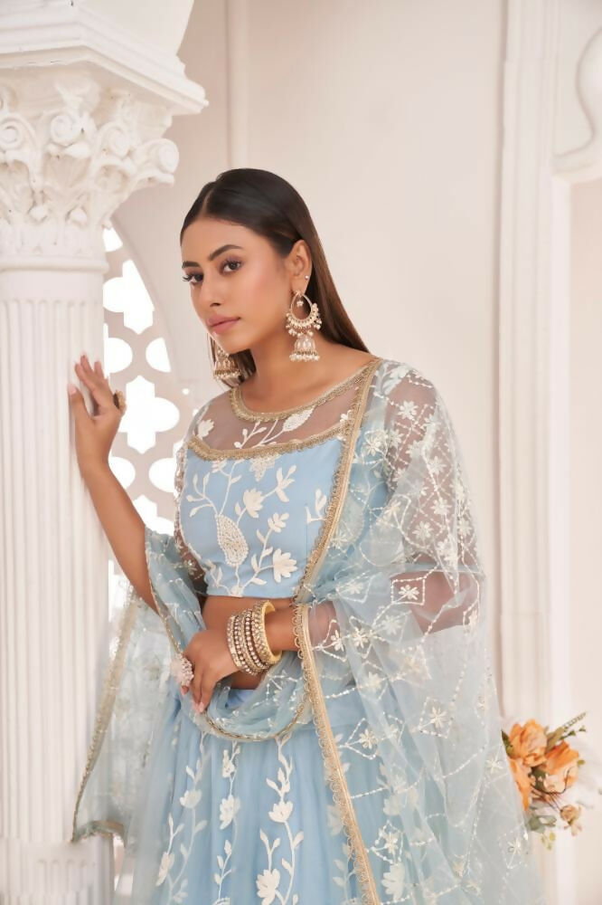 Aastha Fashion Light Sky Butterfly Net White Cotton Thread Work, Zari Work And Sandwich Sequence Work Embroidery Wedding Wear Lehenga Choli | Grocsy