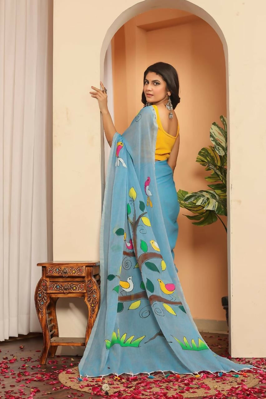 Exclusive Collection Beautiful Light Sky Pure Cotton Hand Print Handloom Saree With Running Blouse Piece | Grocsy