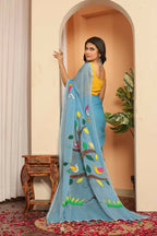 Exclusive Collection Beautiful Light Sky Pure Cotton Hand Print Handloom Saree With Running Blouse Piece | Grocsy