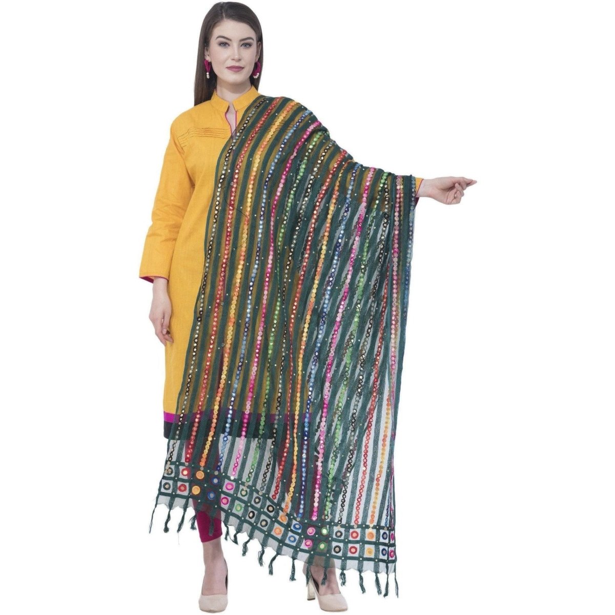 A R Silk Women's Multi Thread Work Orgenza Cotton Bottle Green Dupattas and Chunnis | Grocsy