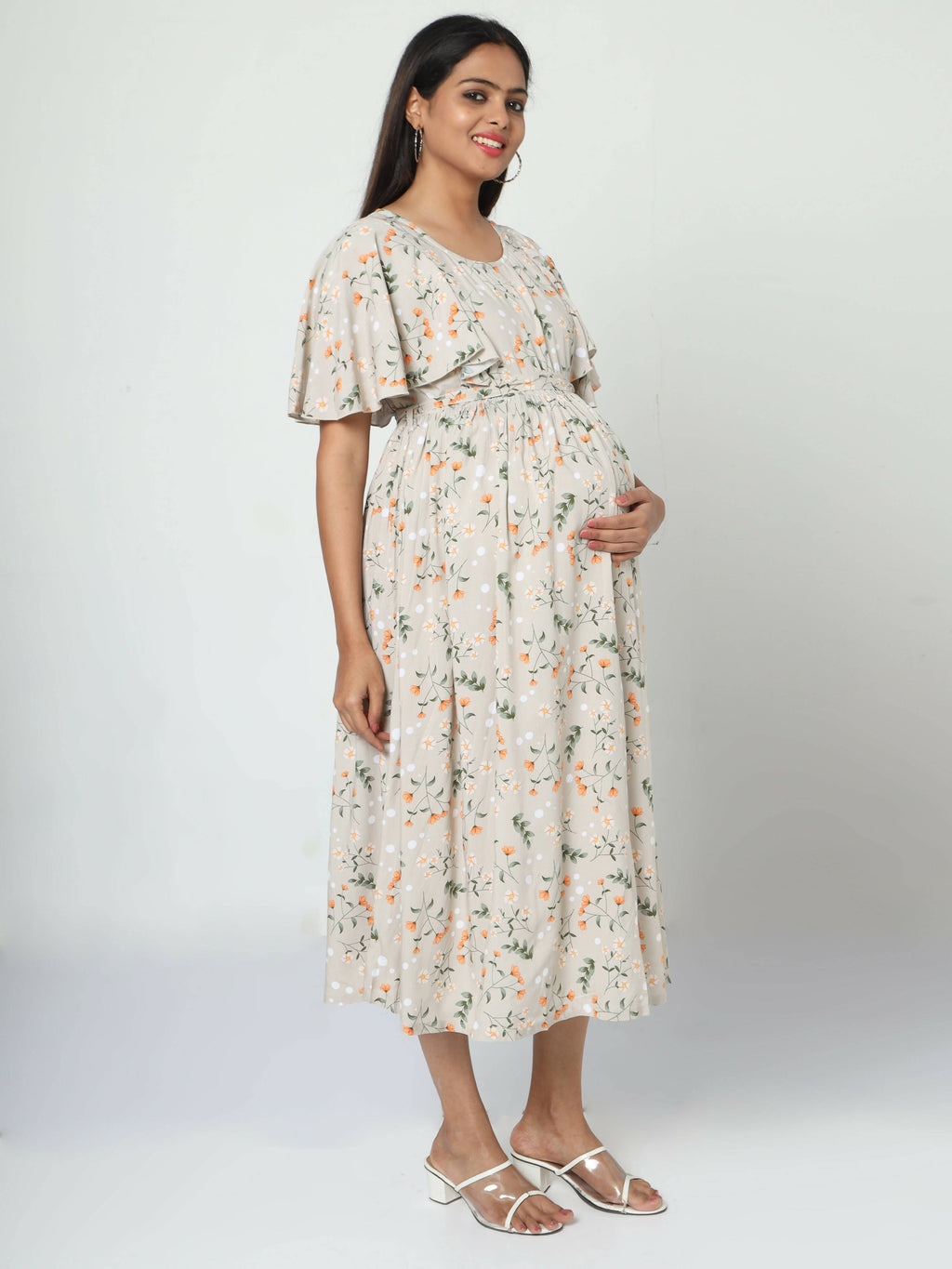 Manet Frill With Sleeves Maternity Dress Floral Print With Concealed Zipper Nursing Access - Cream | Grocsy