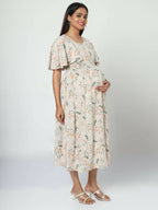 Manet Frill With Sleeves Maternity Dress Floral Print With Concealed Zipper Nursing Access - Cream | Grocsy