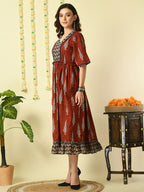 Myshka Women's Rust Printed Cotton Party Dress | Grocsy