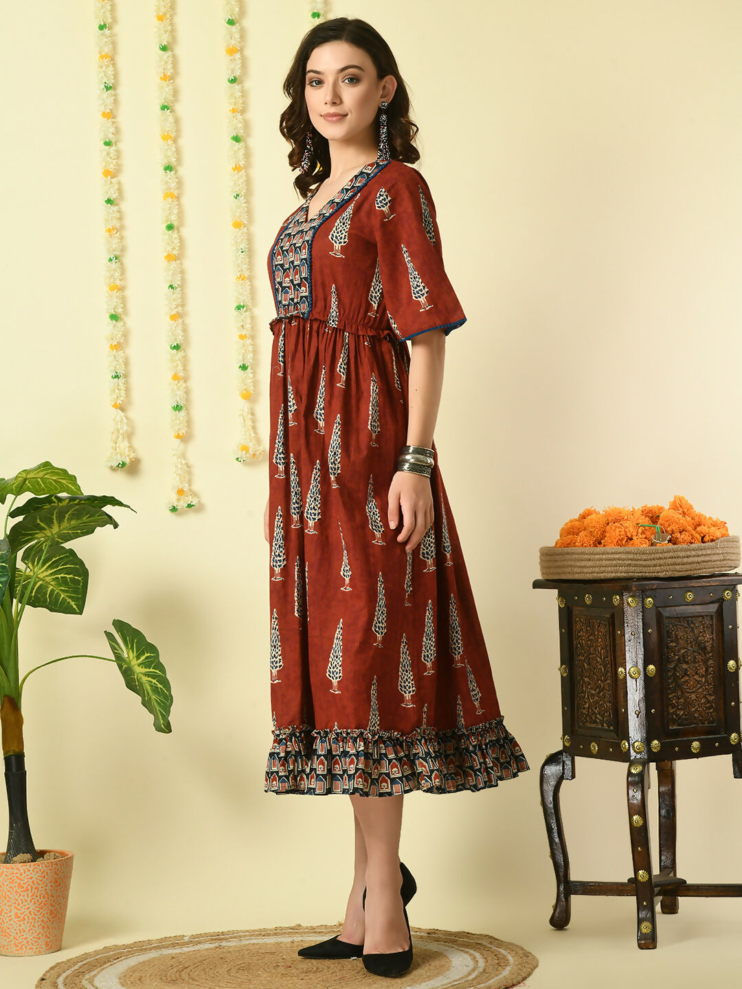 Myshka Women's Rust Printed Cotton Party Dress | Grocsy