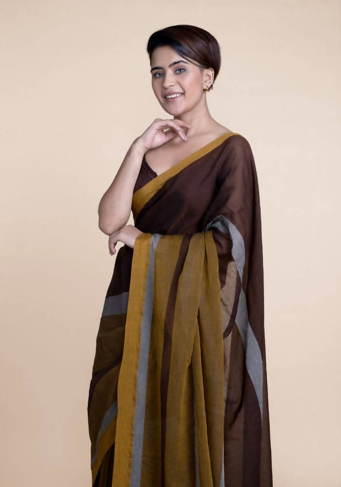 Suta Brown Yellow Colourblocked Mul Saree | Grocsy