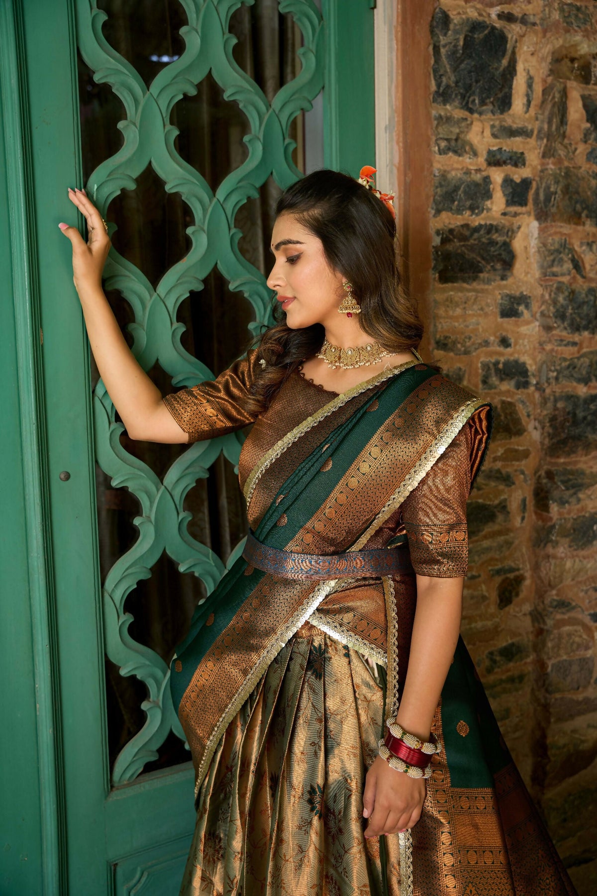 Vastranavya Traditional Jacquard Silk Zari Weaving Silk Lehenga Choli - Green | Grocsy