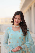 Vastranavya Faux Georgette with Zari & Sequins Embroidery Work Gown with Dupatta - Turquoise | Grocsy