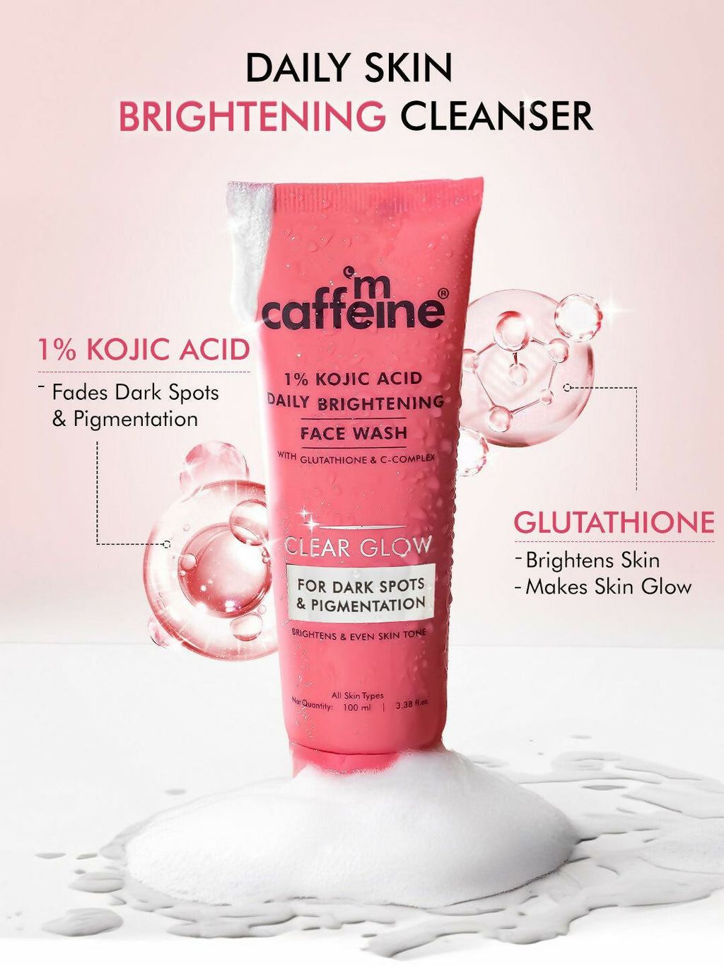 mCaffeine Clear Glow 1% Kojic Acid Daily Brightening Face Wash For Dark Spots & Pigmentation | Grocsy