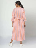 Manet Three Fourth Maternity Dress Strip Print With Concealed Zipper Nursing Access - Pink | Grocsy