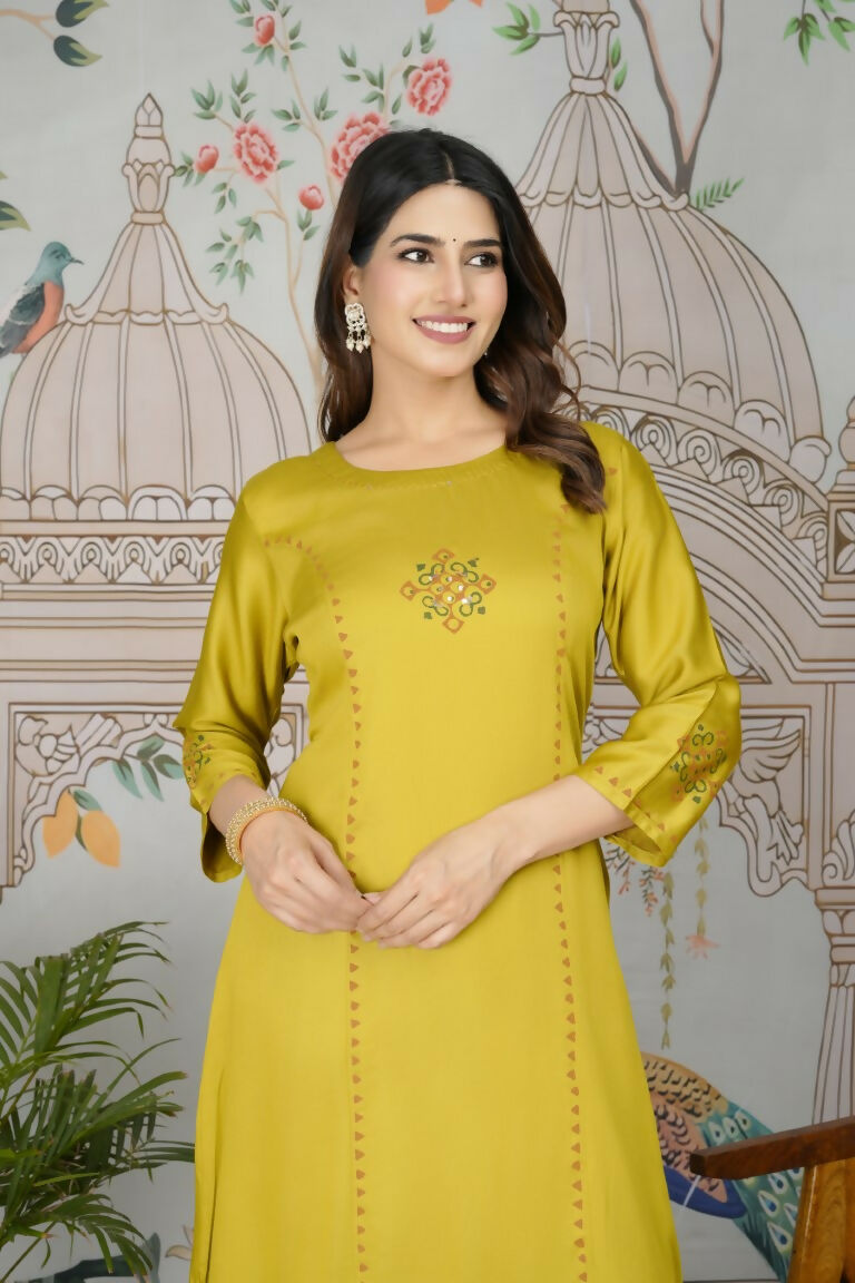 Festive Wear Ethnic Pure gaji silk with pocket inside kurti Yellow Stitched Suit - Pihu | Grocsy