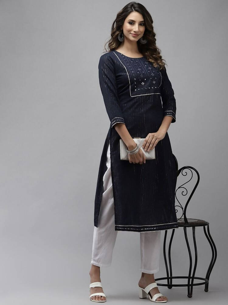 Yufta Women Navy Blue Yoke Design Mirror Work Cotton Kurta | Grocsy