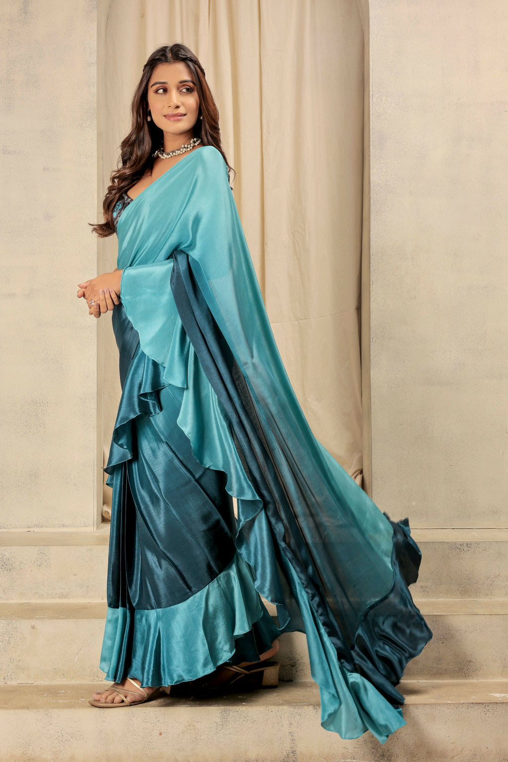 Blue Satin Solid Designer, Printed Party Wear Ready To Wear Saree - Nasreen | Grocsy