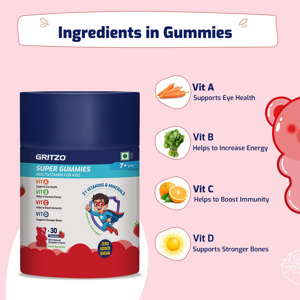 Gritzo Super Gummies Multivitamin (7+y Kids) (Strawberry Flavour) | Grocsy