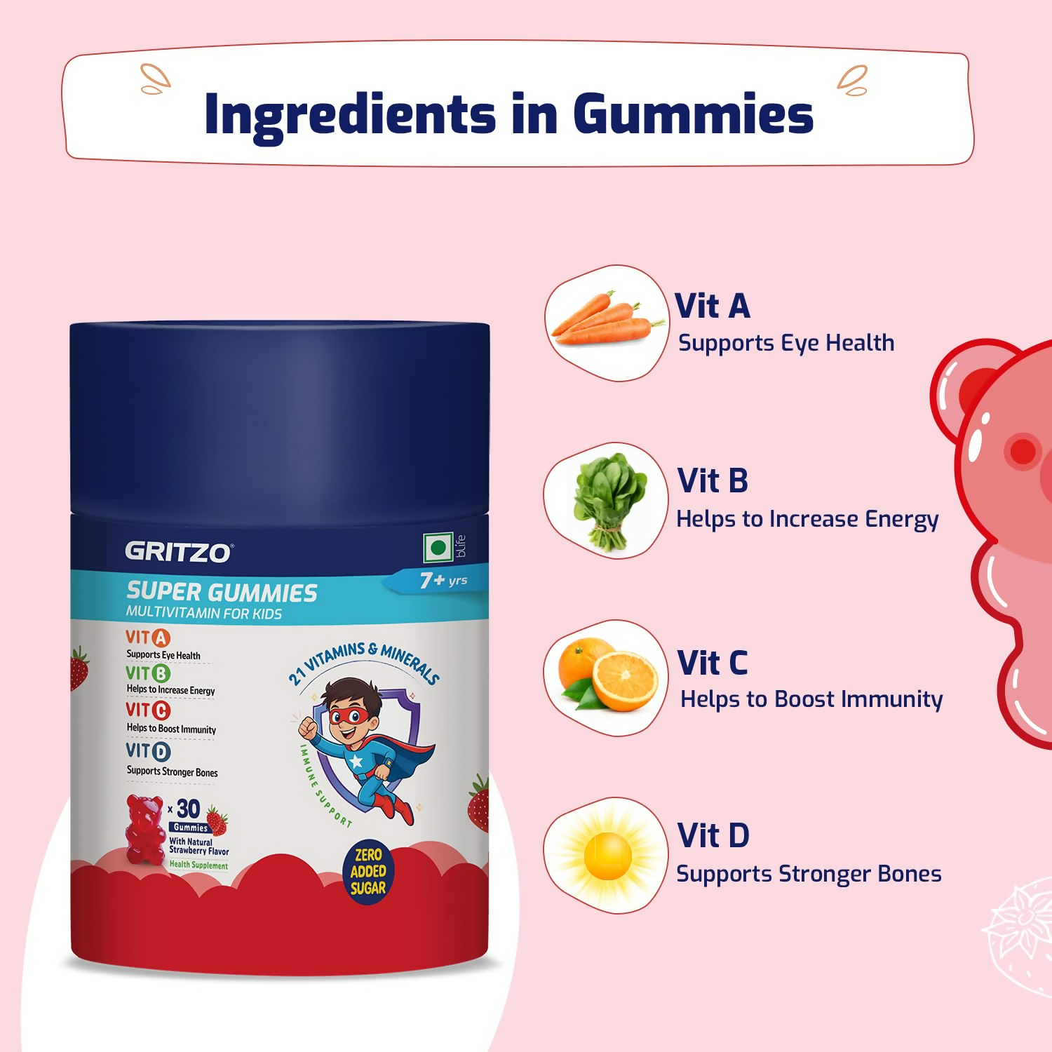 Gritzo Super Gummies Multivitamin (7+y Kids) (Strawberry Flavour) | Grocsy