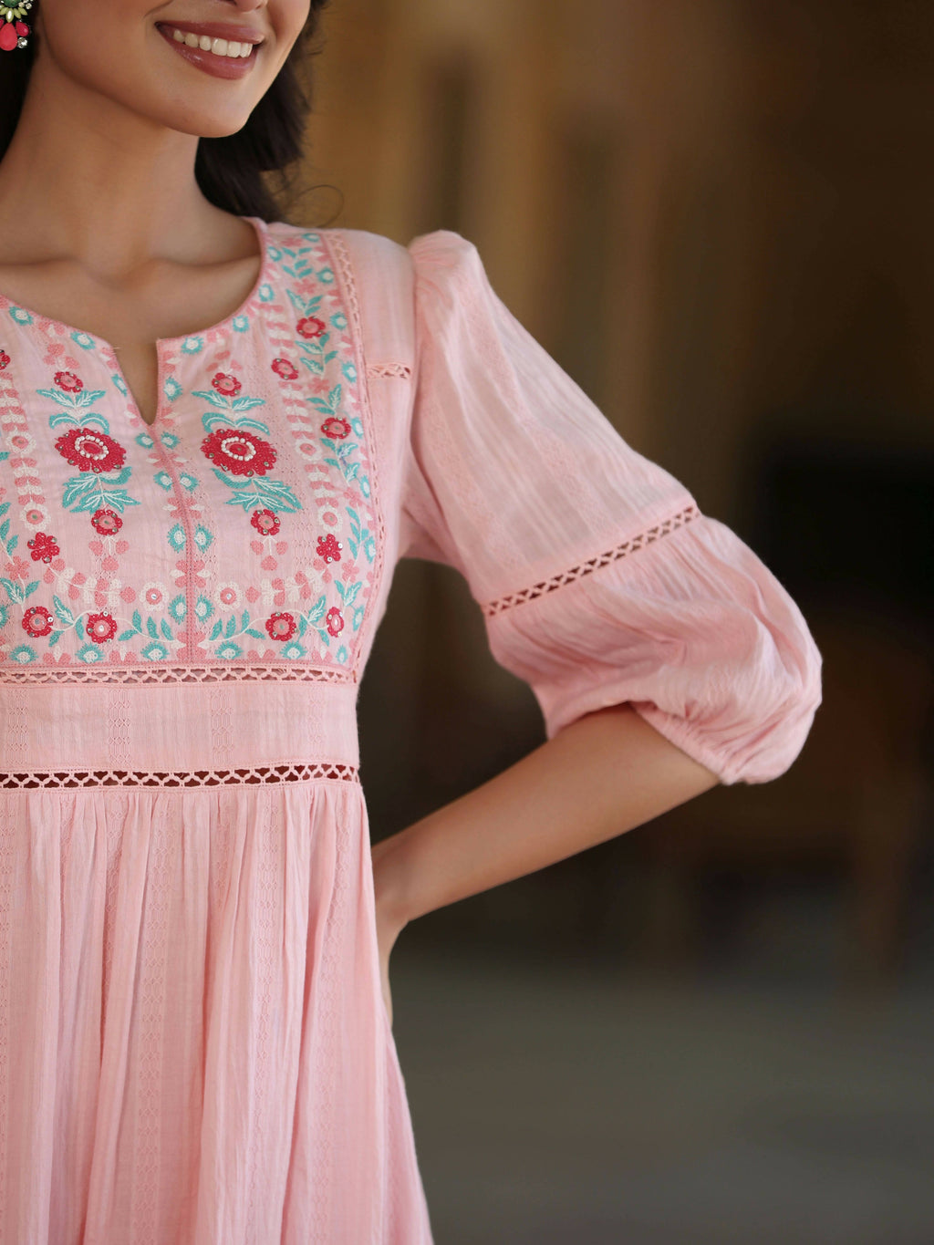 Juniper Women's Pink Cotton Dobby Embroidered Flared Dress | Grocsy