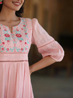 Juniper Women's Pink Cotton Dobby Embroidered Flared Dress | Grocsy