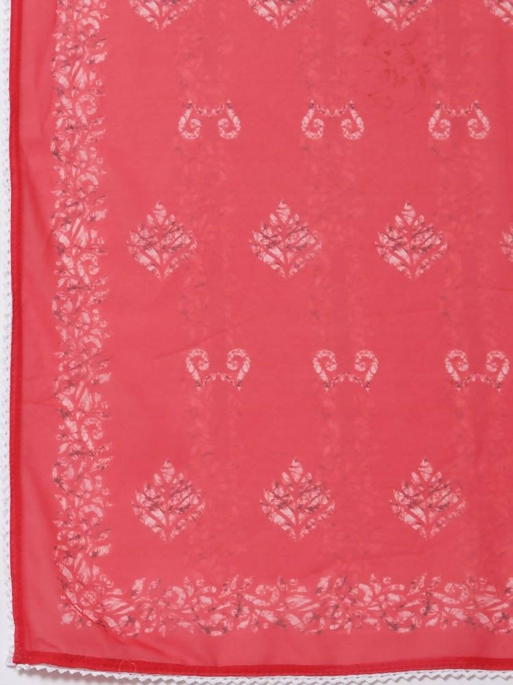 Myshka Red Color Cotton Printed Kurta With Pant Dupatta Set | Grocsy