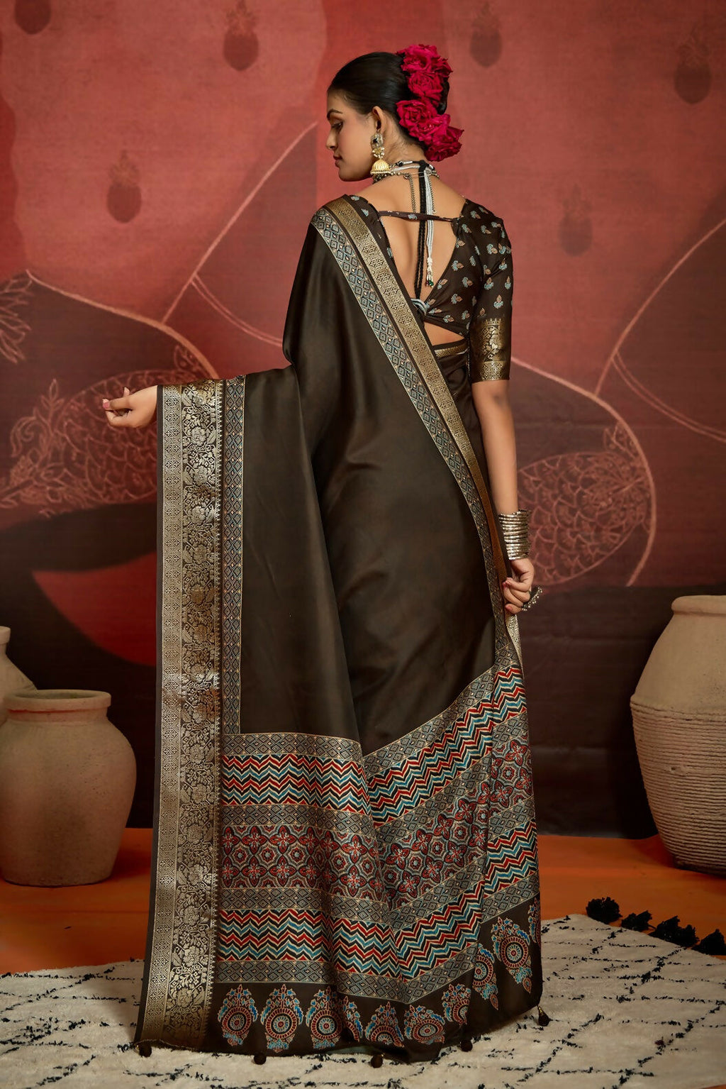 Joban Fashion Brown Art Silk With Fine Viscose Border Ajrak Full Body Print With Soft Finish Saree | Grocsy