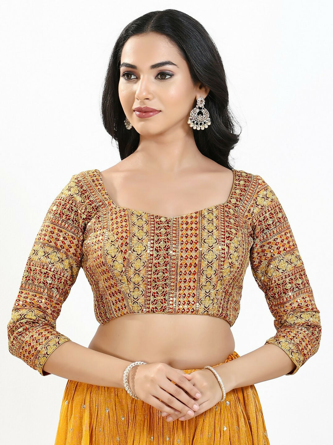 Joban Fashion Red Multi Silk Padded Blouse With Sweetheart Neck 3/4 Sleeves | Grocsy
