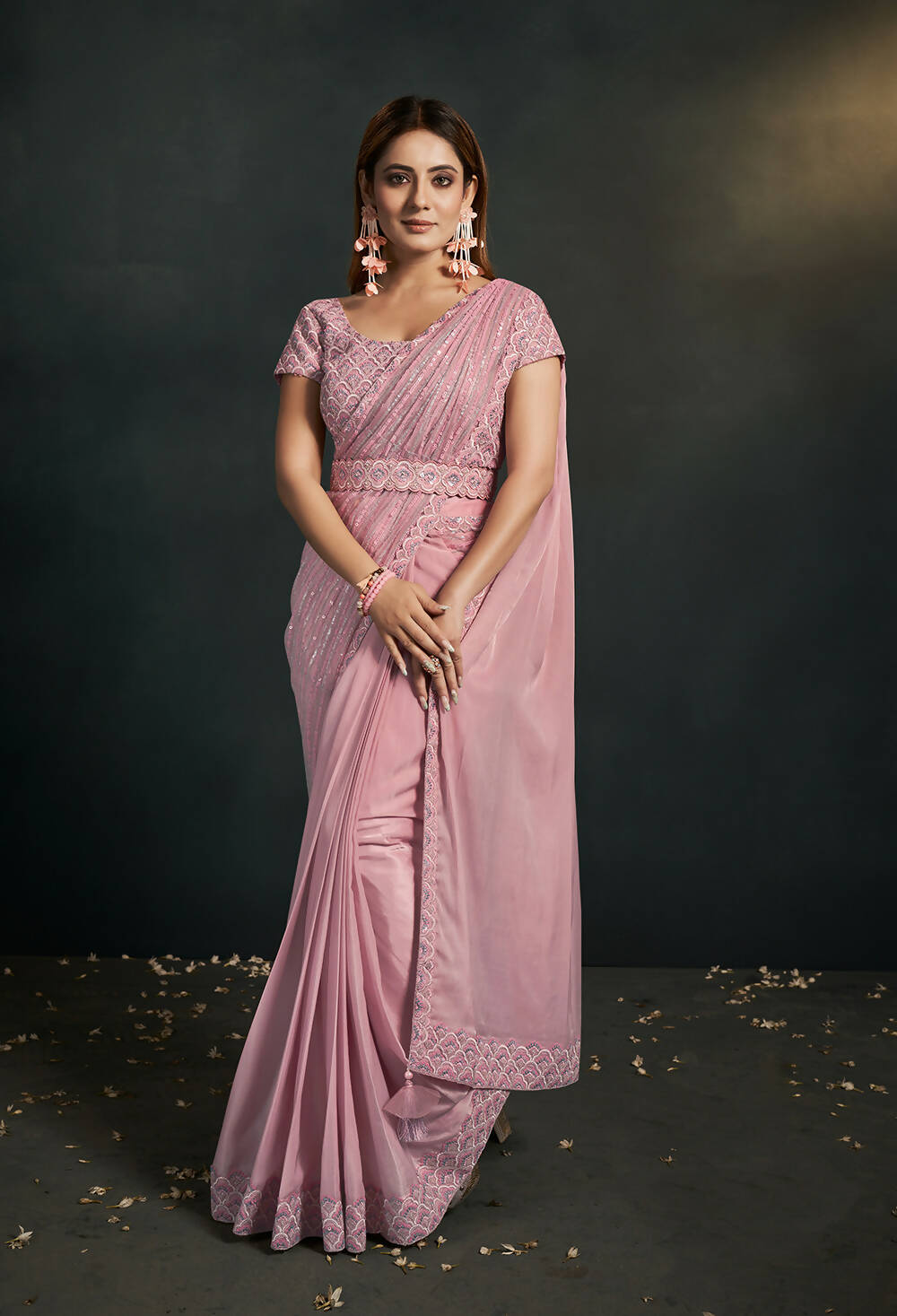 Light Pink Silk Crepe Satin Cord Sequence & Thread Embroidered & Stone Work Saree - Moh-Manthan Royal Enigma | Grocsy