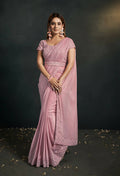 Light Pink Silk Crepe Satin Cord Sequence & Thread Embroidered & Stone Work Saree - Moh-Manthan Royal Enigma | Grocsy