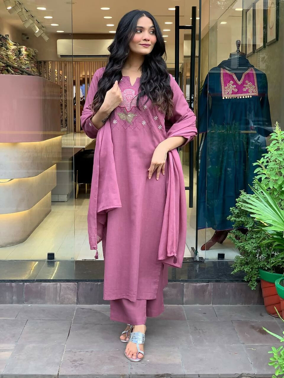 The52 Peach Women's Gorgeous Embroidered Cotton Fabric Straight Kurta Pant with Dupatta Set | Grocsy
