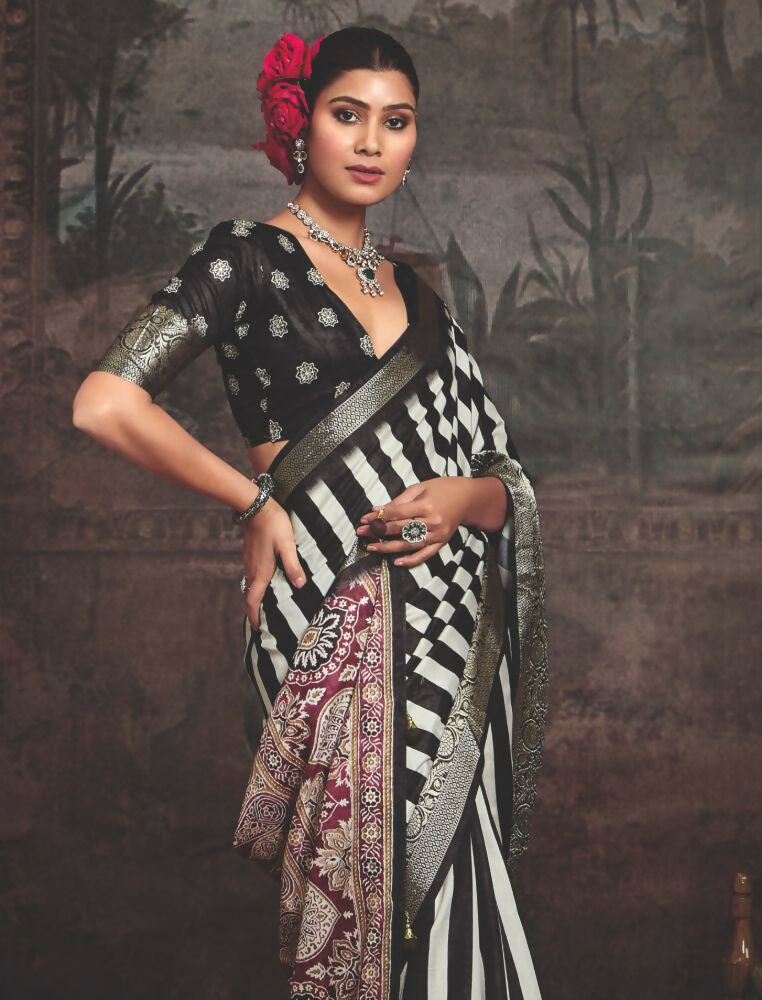 Joban Fashion Black Dola Tussar Silk Self Jacquard Border Saree | Grocsy