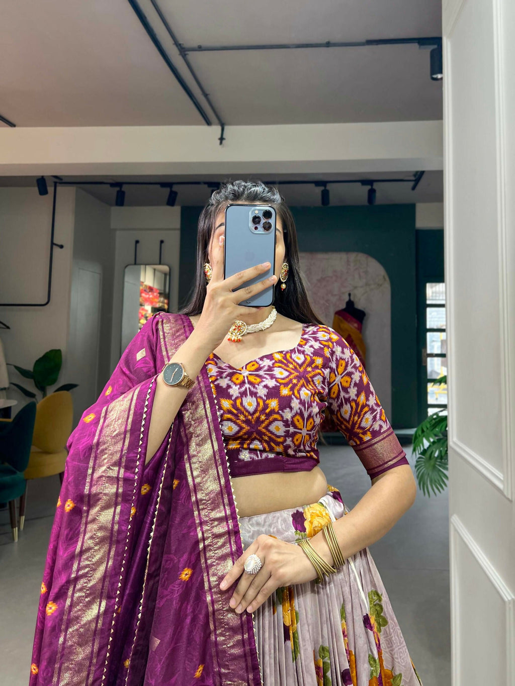 Vastranavya Floral And Patola Print With Foil Work Lehenga with Unstitched Blouse - Wine | Grocsy
