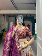 Vastranavya Floral And Patola Print With Foil Work Lehenga with Unstitched Blouse - Wine | Grocsy