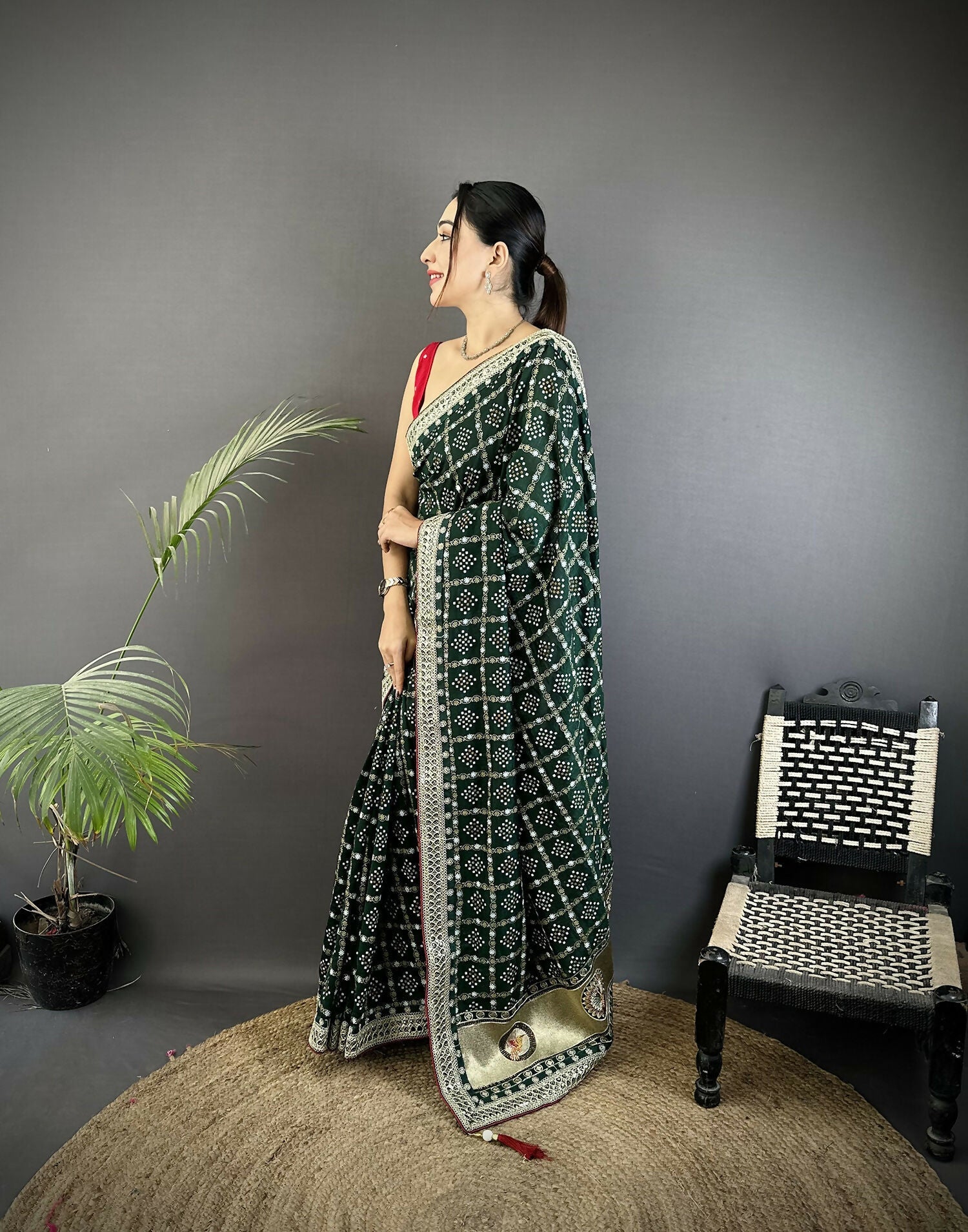 Joban Fashion Dark Green Bandhej Bandhani Vichitra Silk Bandhani Prints Saree | Grocsy