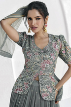 Lorenvalley Fashion Grey Faux Georgette Embroidery with Sequince Work Salwar Lehenga Stitched | Grocsy