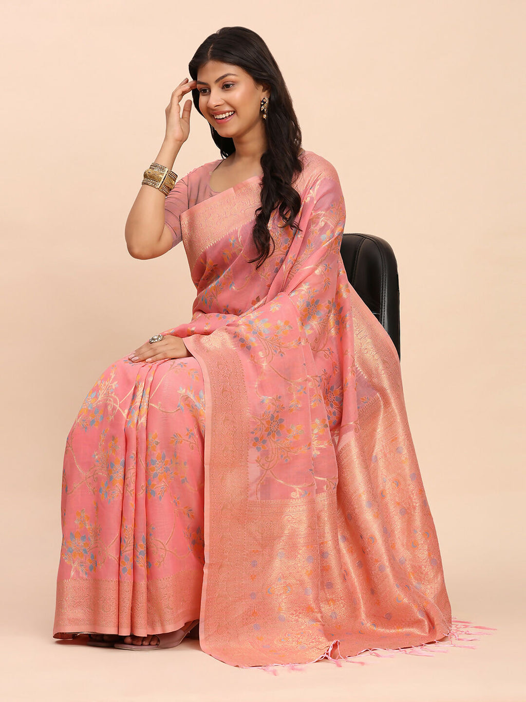 Shree Shyam Fashion Linen Cotton Peach Saree | Grocsy