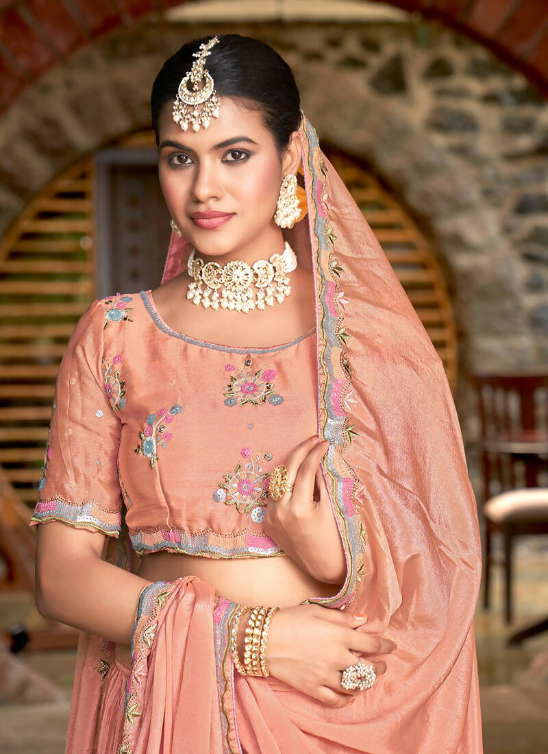 Peach Chinon Crushed Sequence and Thread Embroidery Work Lehenga Choli with Dupatta - Viharini | Grocsy